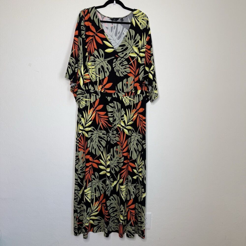 G By Giuliana Size 1X Tropical Palm Leaf Kimono Sleeve Empire Waist Maxi Dress